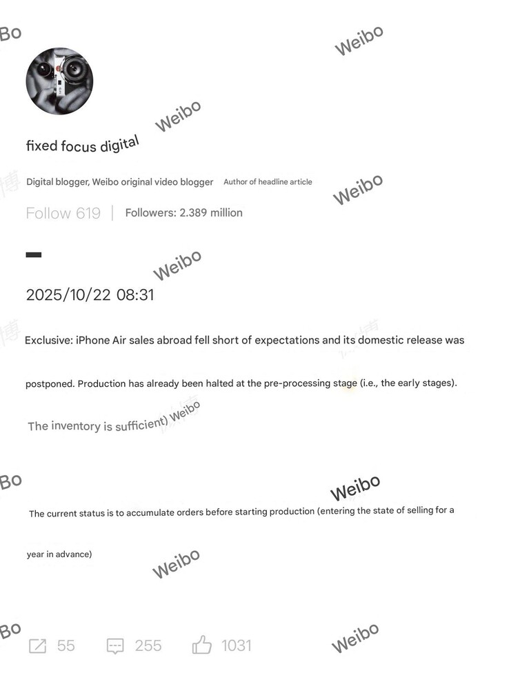 IPhone Air 在中国以外地区的需求低于预期。(图片来源：微博）