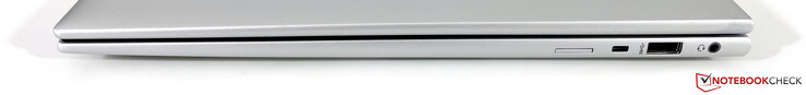 右边。Nano-SIM卡插槽（WWAN型号可选），Kensington Nano安全插槽，USB-A 3.2 Gen.1（5 GBit/s，供电），3.5毫米立体声。