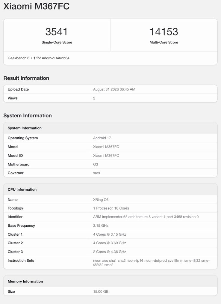 据称是小米 Pad 9 Pro Max 的 Geekbench 列表。