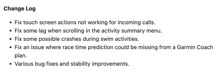 其他 Garmin Forerunner 智能手表的 27.09 版软件更新日志。(图片来源：Garmin）