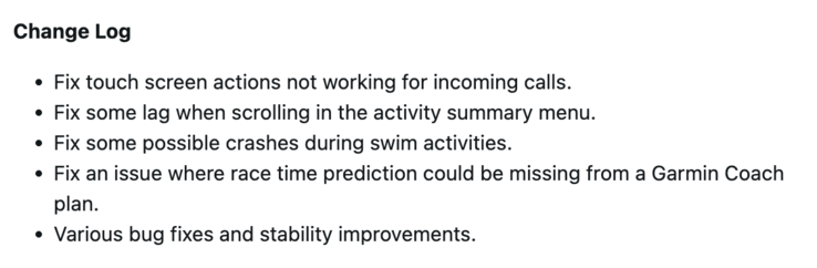其他 Garmin Forerunner 智能手表的 27.09 版软件更新日志。(图片来源：Garmin）