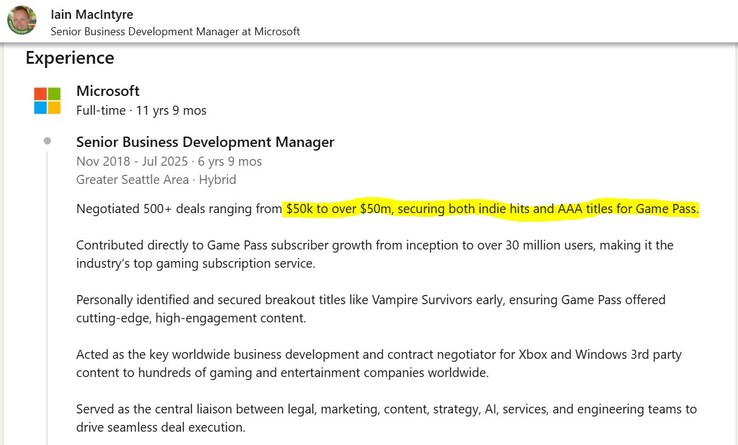 第三方 Xbox Game Pass 游戏在该服务上的投放成本很高。(图片来源：LinkedIn）