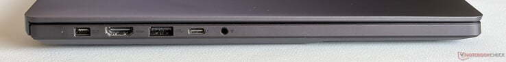 左侧:电源接口、HDMI 2.1 FRL、USB-A 3.2 Gen.2(10 Gbps)、支持 Thunderbolt 4 的 USB-C 4.0(40 Gbps,DisplayPort,Power Delivery)、3.5 毫米立体声接口