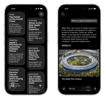 显然，Apple 计划推出一款全新的 Siri 应用程序，其中包括对话列表（左图）和类似 ChatGPT 的聊天机器人。