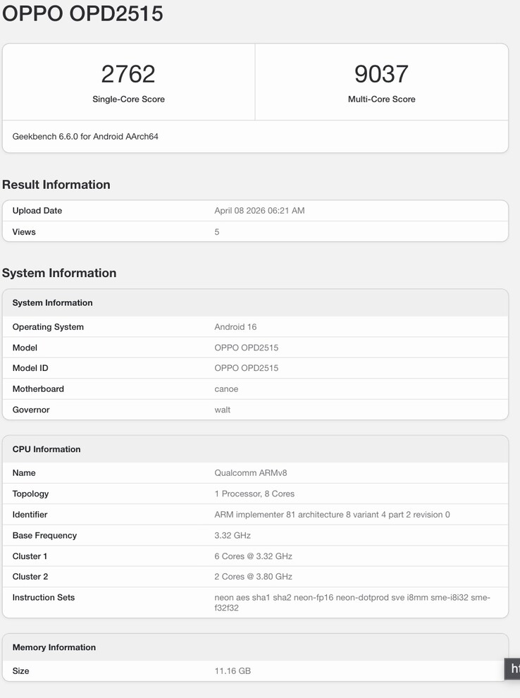 即将上市的 Oppo 设备的 Geekbench 列表。