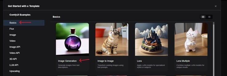 ComfyUI 中工作流程中心的截图，其中基础知识和图像生成突出显示。(图片来源：Windows 屏幕截图）