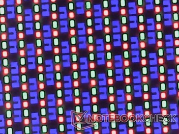 OLED 子像素阵列。由于玻璃层较厚，OLED 屏幕的颗粒感比预期的要稍强一些。