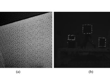 a) 深度相机的红外投影仪产生红外点图案，即使没有可见光也能探测到周围环境。 b) 光伏电池上的逆反射器将红外点反弹回来，标记目标位置。(图片来源：东京科学研究所）
