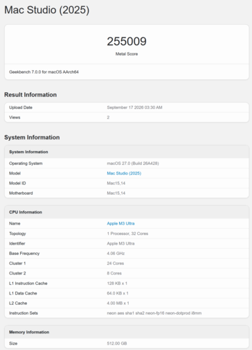 Apple M3 Ultra 在 Geekbench 中的 GPU 得分