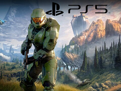 带有 PS5 徽标的《光环无限》（图片来源：Microsoft Gaming，索尼 PlayStation 有编辑）。