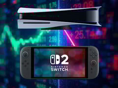 索尼和任天堂股票代码前的 PS5 和 Switch 2（图片来源：索尼 PlayStation、任天堂美国公司，有编辑）。