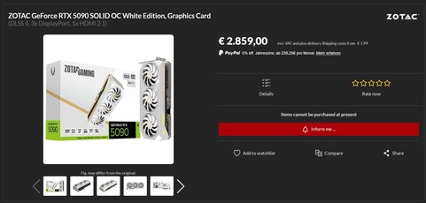 ZotacGeForce RTX 5090 Solid OC 白色版新品（图片来源：Alternate）
