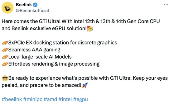 Beelink 即将推出的 GTi Ultra 将采用英特尔第 12、13 和 14 代处理器。(来源：Beelink 在 Twitter 上）