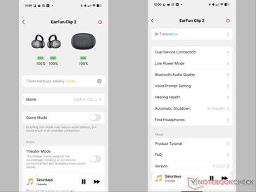 EarFun Audio 应用程序显示 Clip 2 主页和设置。