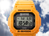 卡西欧冲浪者基金会（Casio Surfrider Foundation Japan）合作款手表（如图）采用明亮的日出黄色表壳，表带由混合色生物基树脂制成。(图片来源：卡西欧）