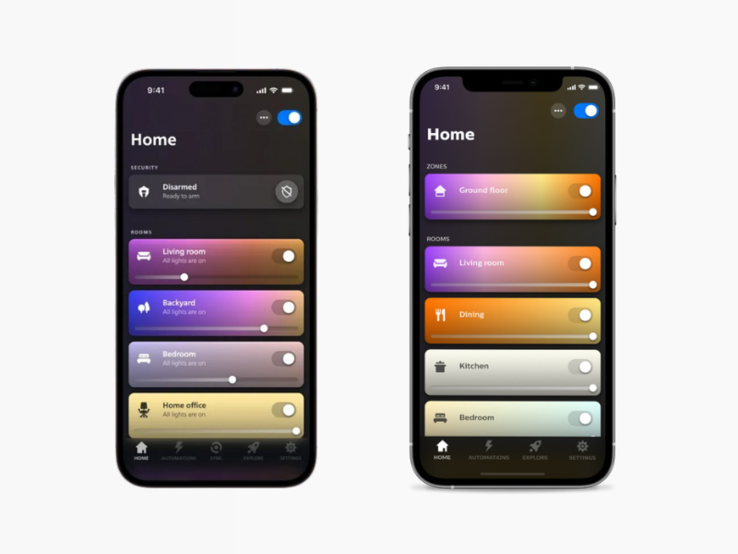 iOS 版飞利浦 Hue 应用程序的旧版本（左）和新版本（右）。(图片来源：飞利浦 Hue）