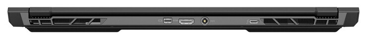 背面。Mini DisplayPort 1.4（G-Sync），HDMI 2.1（G-Sync），AC适配器，Thunderbolt 4（兼容DisplayPort、G-Sync）。