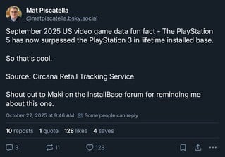 Circana PS5 装机量与 PS3 装机量对比（图片来源：Mat Piscatella Bluesky 账户）