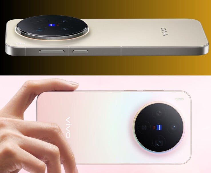 vivo X300 Pro（上）和 X300（下）采用金色和粉色外观，配备圆形蔡司相机模块（图片来源：vivo）