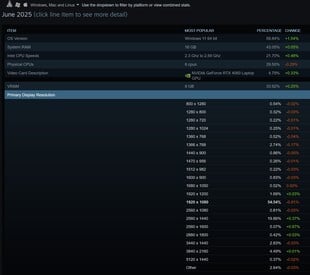 2025 年 6 月 Steam 调查首选分辨率（图片来源：截图，Steam）