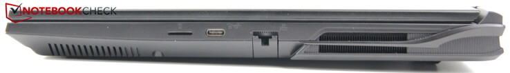 右边。微型SD读卡器，USB-C 3.2 Gen2（兼容DisplayPort 1.4，G-SYNC，电源传输：无），RJ45/LAN