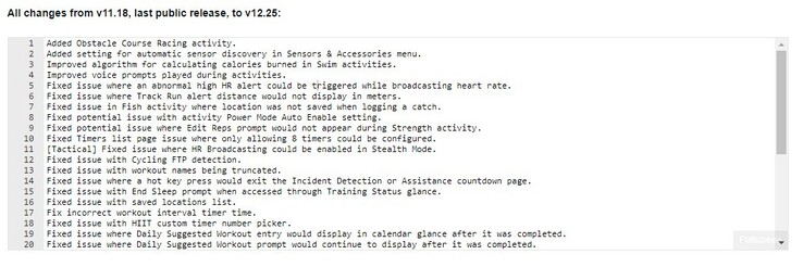 Garmin公共软件12.25版的更改日志，可用于Instinct 2、Instinct 2S和Instinct Crossover智能手表。(图片来源：Garmin)