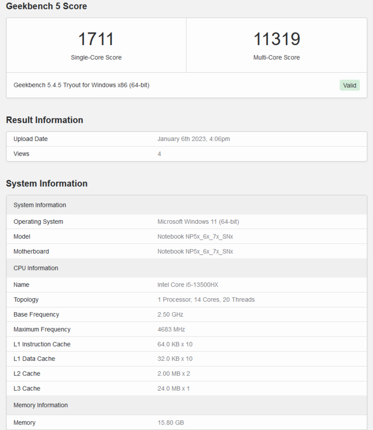 英特尔酷睿i5-13500HX Geekbench列表（图片来自Geekbench）