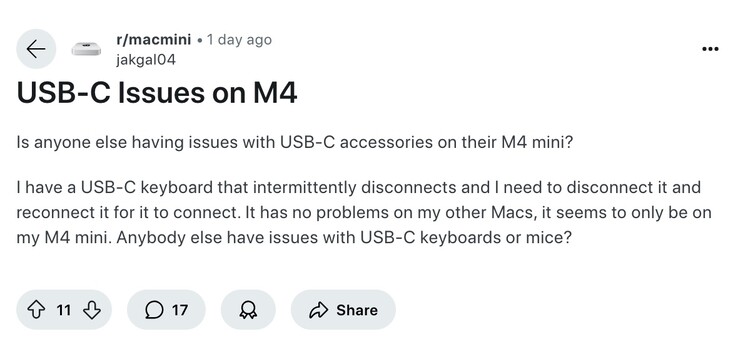 论坛上不断出现有关 Mac mini 的 USB-C 连接问题。(图片来源：Reddit）