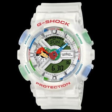 卡西欧G-Shock宝可梦30周年纪念款GA-110PKM-7A在黑色背景前的正面视图。
