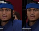 在《NBA 2K27》中，启用和未启用 DLSS 5 时，角色渲染效果的视觉差异。