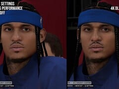 在《NBA 2K27》中,启用和未启用 DLSS 5 时,角色渲染效果的视觉差异。