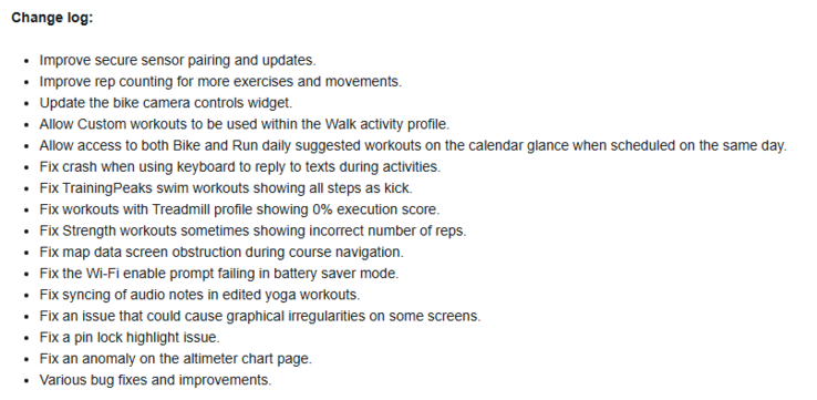 用于先行者 955 智能手表的 Garmin 公开测试版 23.09 的更改日志。(图片来源：Garmin）