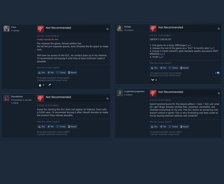 Steam 用户评论批评育碧 DLC 问题，多名玩家将内容标记为不推荐（图片来源：Steam）