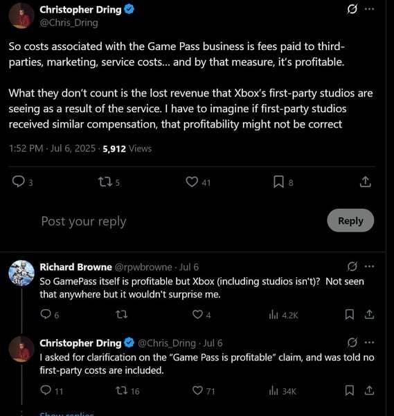 Christopher Dring X 在 Xbox Game Pass 上发布的盈利信息（图片来源：截图，Christopher Dring X 账户）
