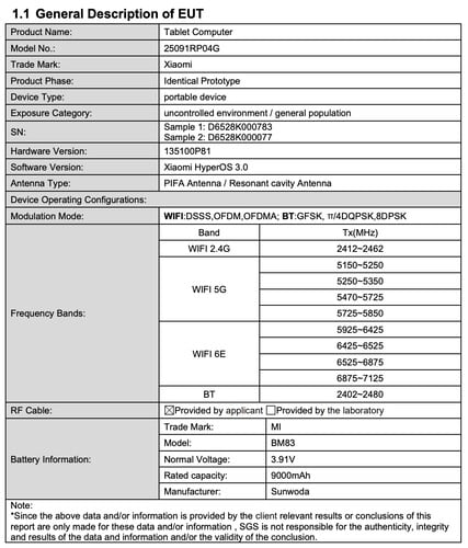 认证揭示了全球版小米 Pad 8 Pro 的细节。(图片来源:FCC 认证)