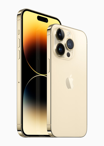 iPhone 14 Pro和iPhone 14 Pro Max - 金色。(图片来源:Apple)