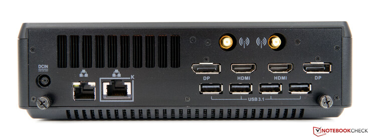 背面：电源端口，双网络（1G和2.5G），4x USB 3.1 Type-A，2x DisplayPort，2x HDMI，2x WLAN天线