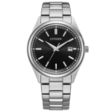 Citizen BM1350-54E Eco-Drive 正装腕表,配有黑色太阳纹表盘、不锈钢表壳和表链、棒形时标,以及位于3点钟位置的日期显示窗。