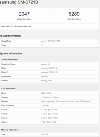 三星Galaxy S24 FE Geekbench 跑分（图片来自 Geekbench）
