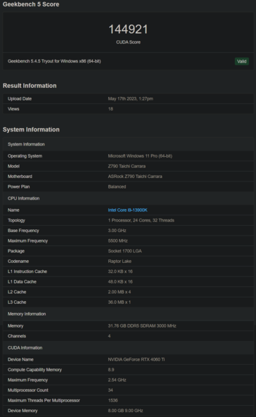 NvidiaGeForce RTX 4060 Ti Geekbench（图片来自Geekbench）