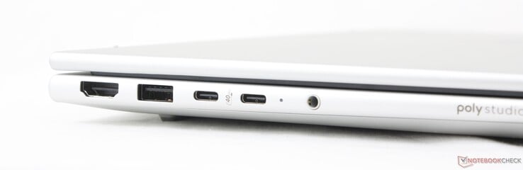 左：HDMI 2.1、USB-A（5 Gbps）、2x USB-C 4.0 w/ DisplayPort 1.4 + Power Delivery（40 Gbps）