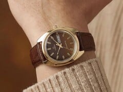 Timex Q 1978 Day and Date,配有棕色烟熏渐变表盘和金色表壳,搭配棕色皮革表带,佩戴于腕间。