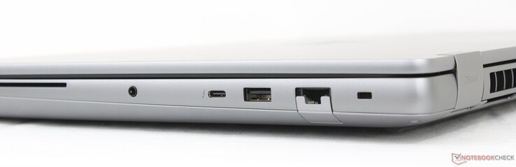 右侧智能卡读卡器、3.5 毫米耳机、USB-C Thunderbolt 4 w/ DisplayPort 2.1 + Power Delivery (40 Gbps)、USB-A (10 Gbps)、RJ-56 (2.5 Gbps)、锁槽