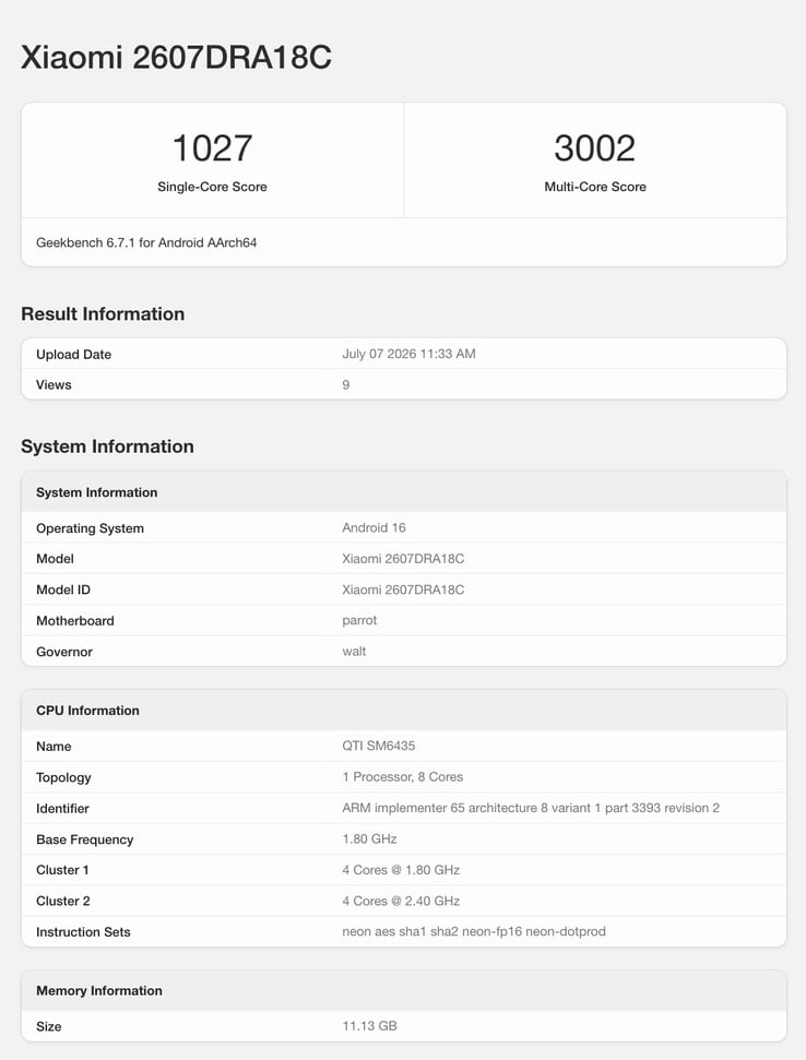 Geekbench 上即将发布的小米手机的条目。