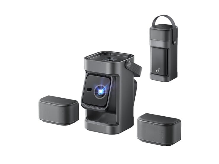 Soundcore Nebula P1 投影仪有两个可拆卸的 10 瓦扬声器、一个提手和一个 130 度双臂云台。(图片来源：Anker）
