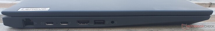 左边的连接。GBit LAN, 2x Thunderbolt 4, HDMI 2.0b, USB-A 3.2 Gen 1 (5 GBit/s), jack