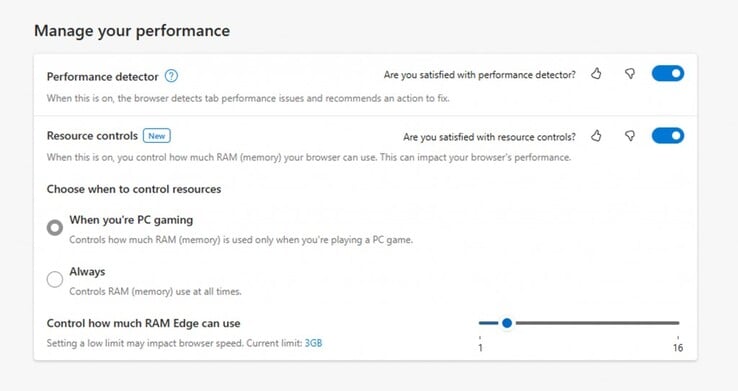 Microsoft Edge 资源设置允许用户设置固定的 RAM 限制。(来源：微软）