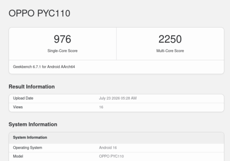 OPPO A7 Pro Max (PYC110) 在 Geekbench 6.7.1 中的条目