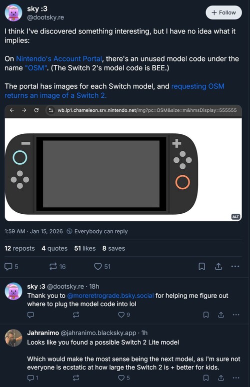 在任天堂帐户门户网站发现代码(图片来源:截图,Sky:3 Bluesky 帐户)