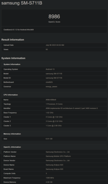 三星Galaxy S23 FE Geekbench列表（图片来自Geekbench）。